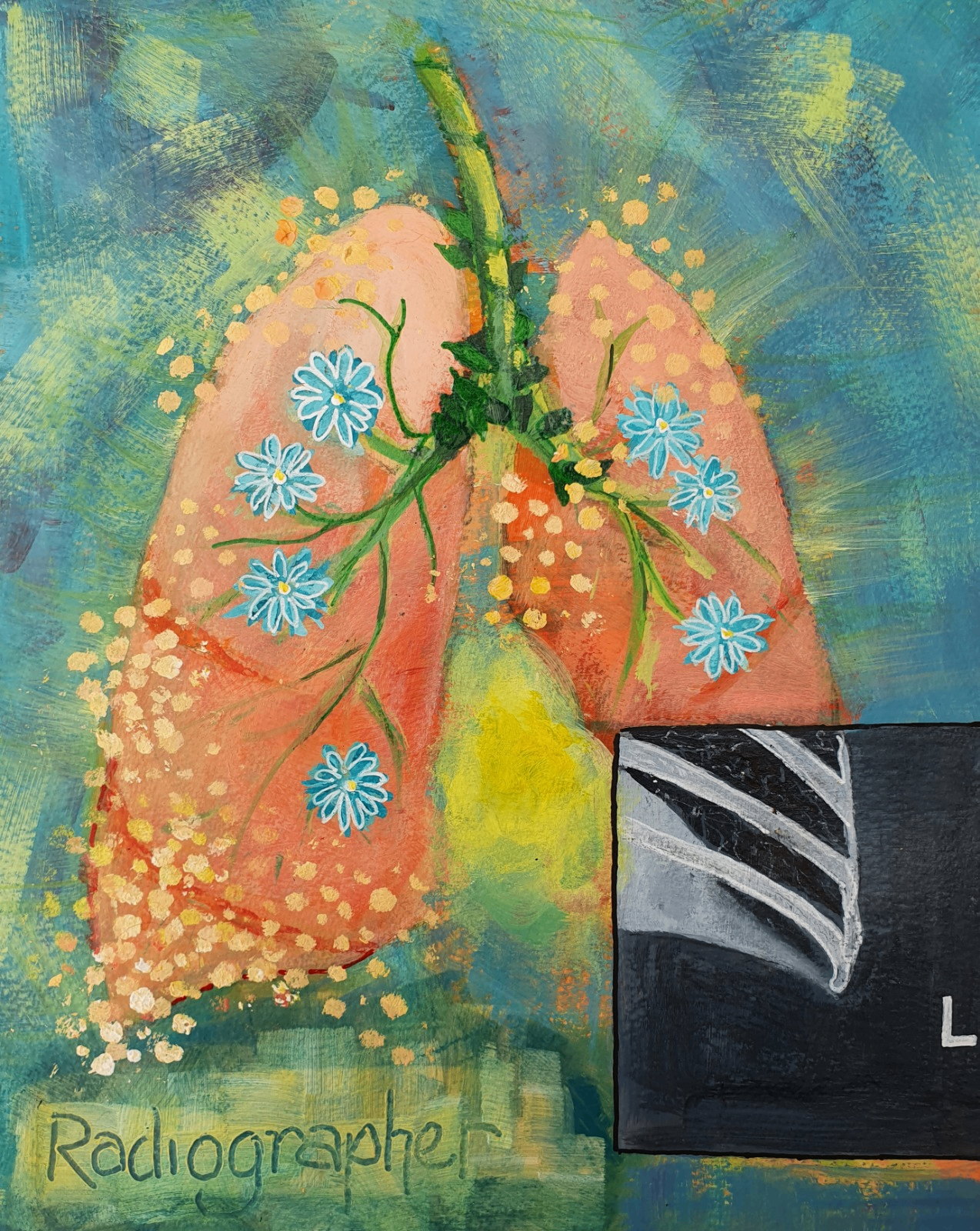 Radiographer with lungs overlay — abstract figure study