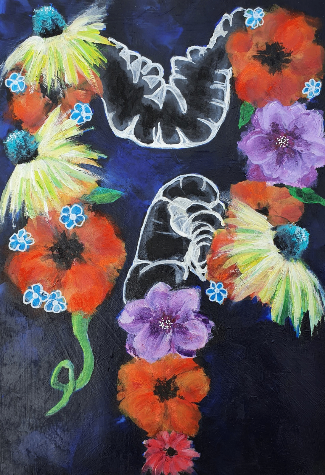 Coral poppies and forget-me-nots tumbling around ghostly radiographic forms