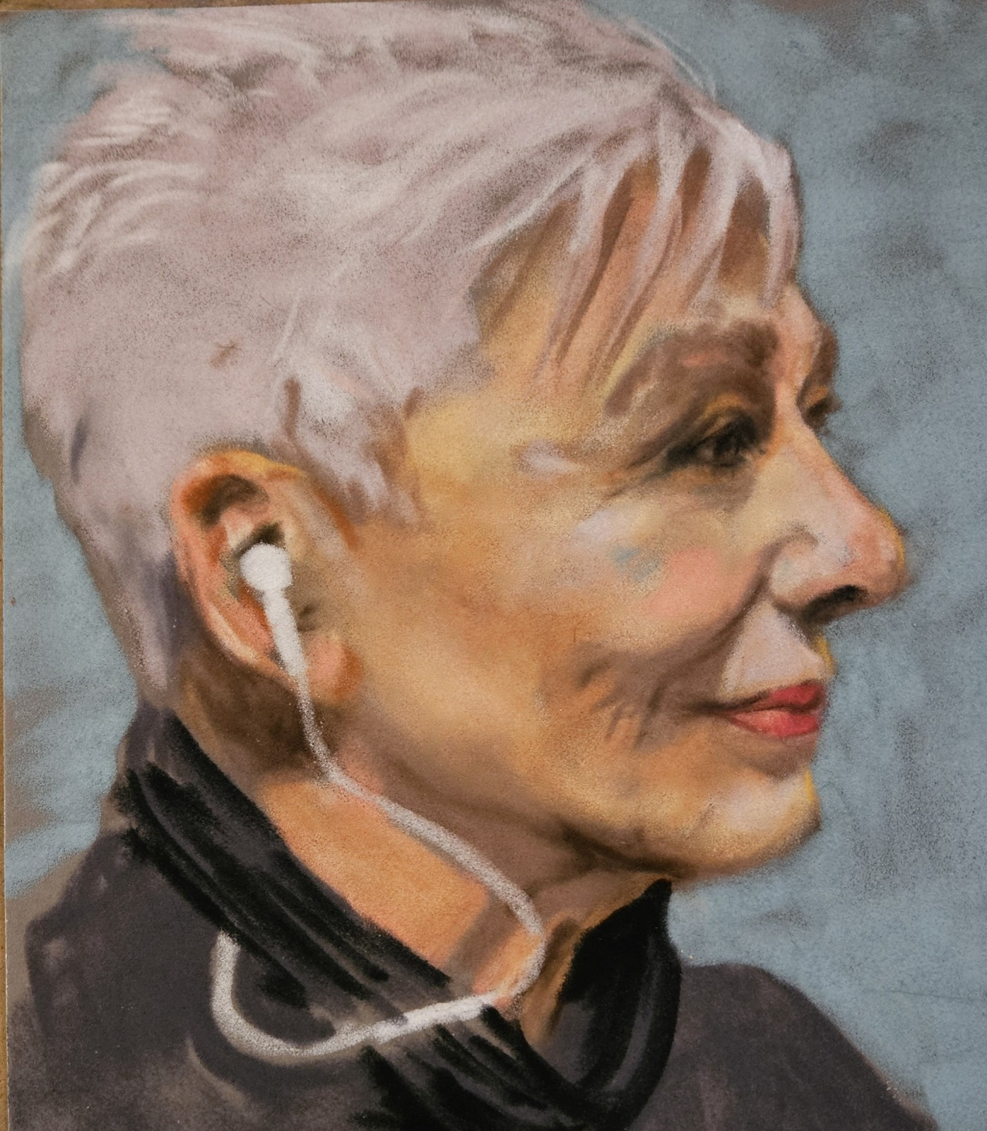 Private profile portrait commission of a woman with short pale hair wearing an earbud.