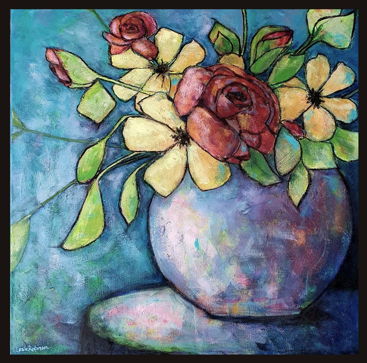 Iridescent Blooms — an abstract floral painting of roses and cream blooms in a round vase against a blue ground, by Leslie Robinson