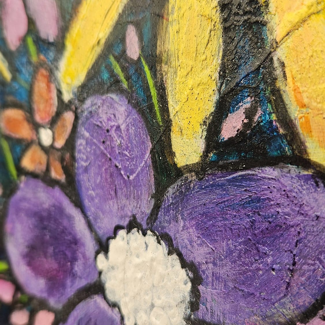 Detail — charcoal line and built-up paint on the blooms